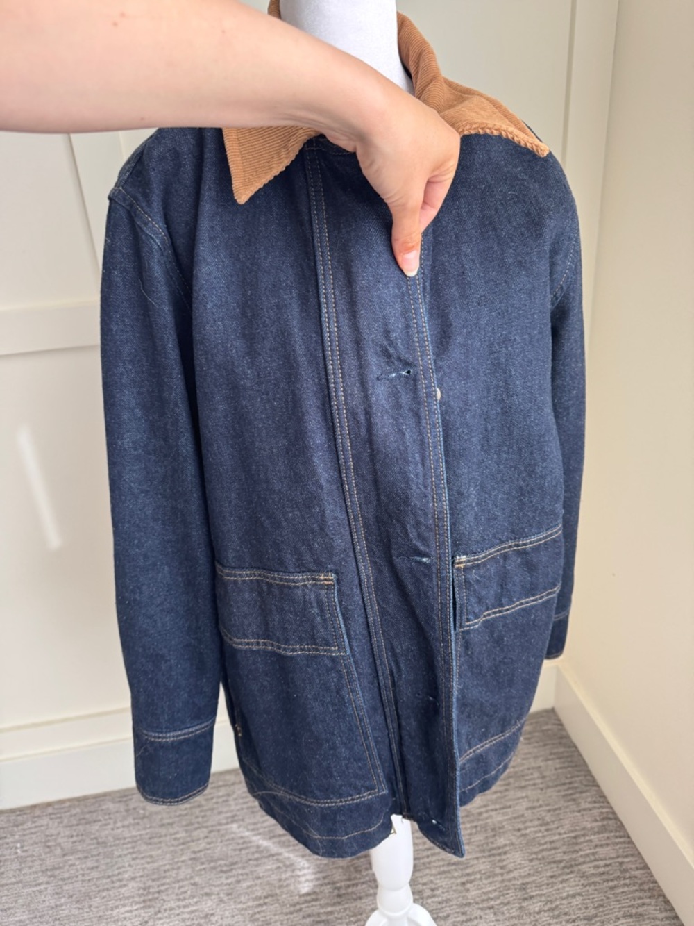 Reformation Navy Denim Field Jacket with Brown Corduroy Collar - Picture 10 of 12